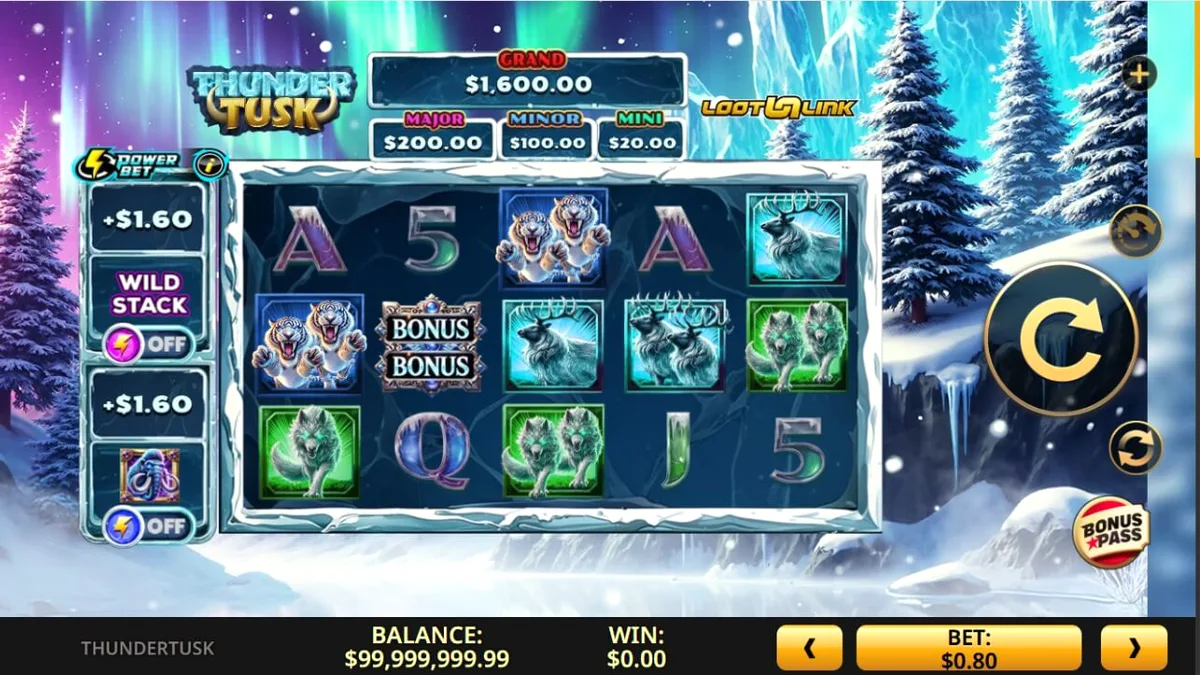 Cenário glacial do slot Thunder Tusk com elementos de fauna pré-histórica