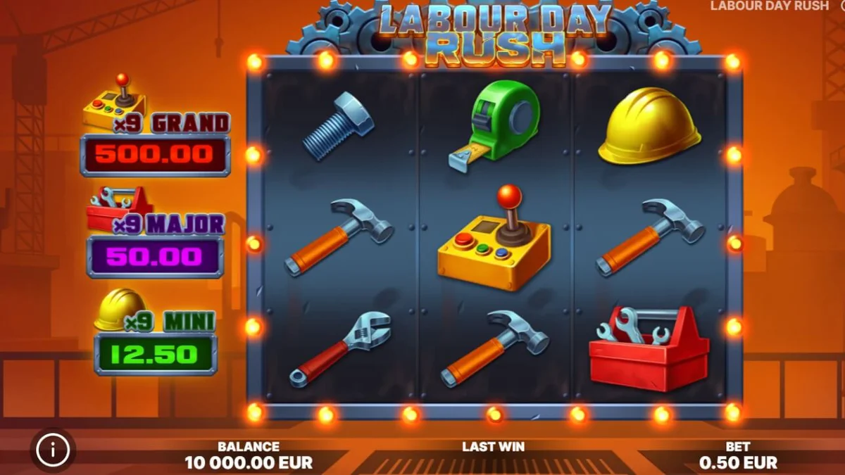 Interface do jogo de slot Labour Day Rush com ferramentas industriais